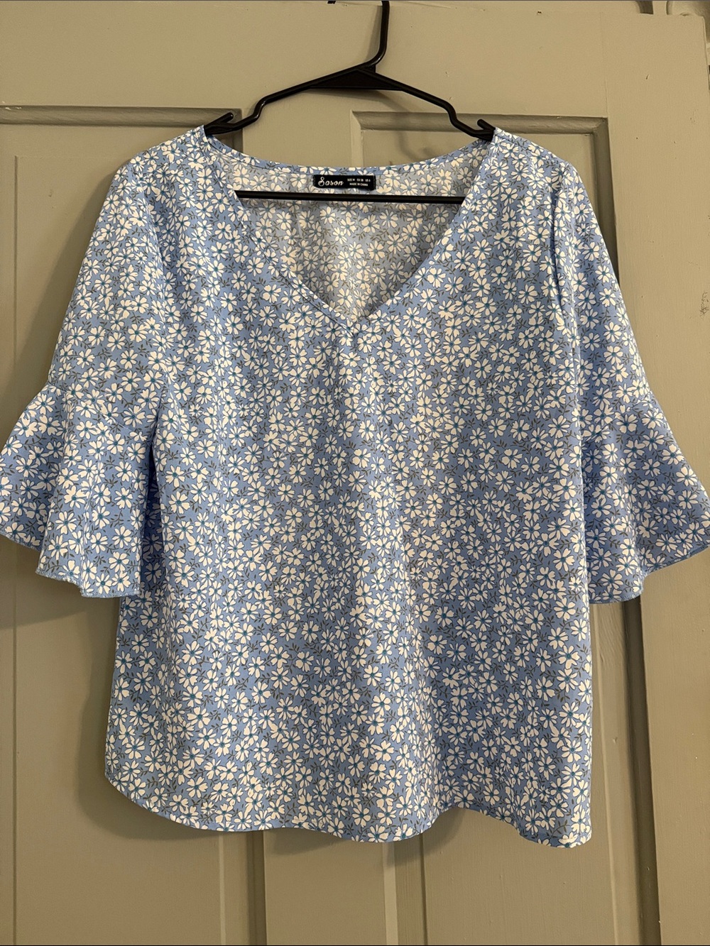 Light Blue Floral V-Neck Bell Sleeve Blouse